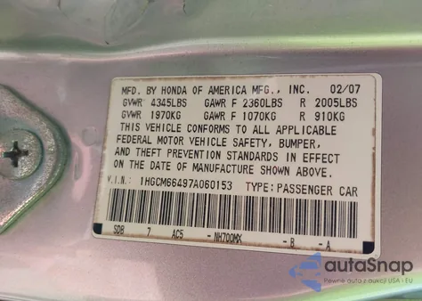 2007 Honda Accord 3.0 Se from USA, damaged, VIN 1HGCM66497A060153